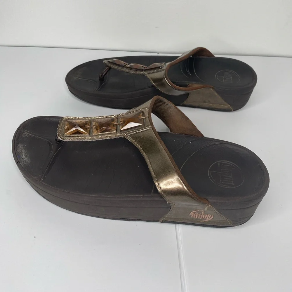 FITFLOP Pietra Bronze Rhinestone Comfort Platform Women's Wedge Sandals AS IS